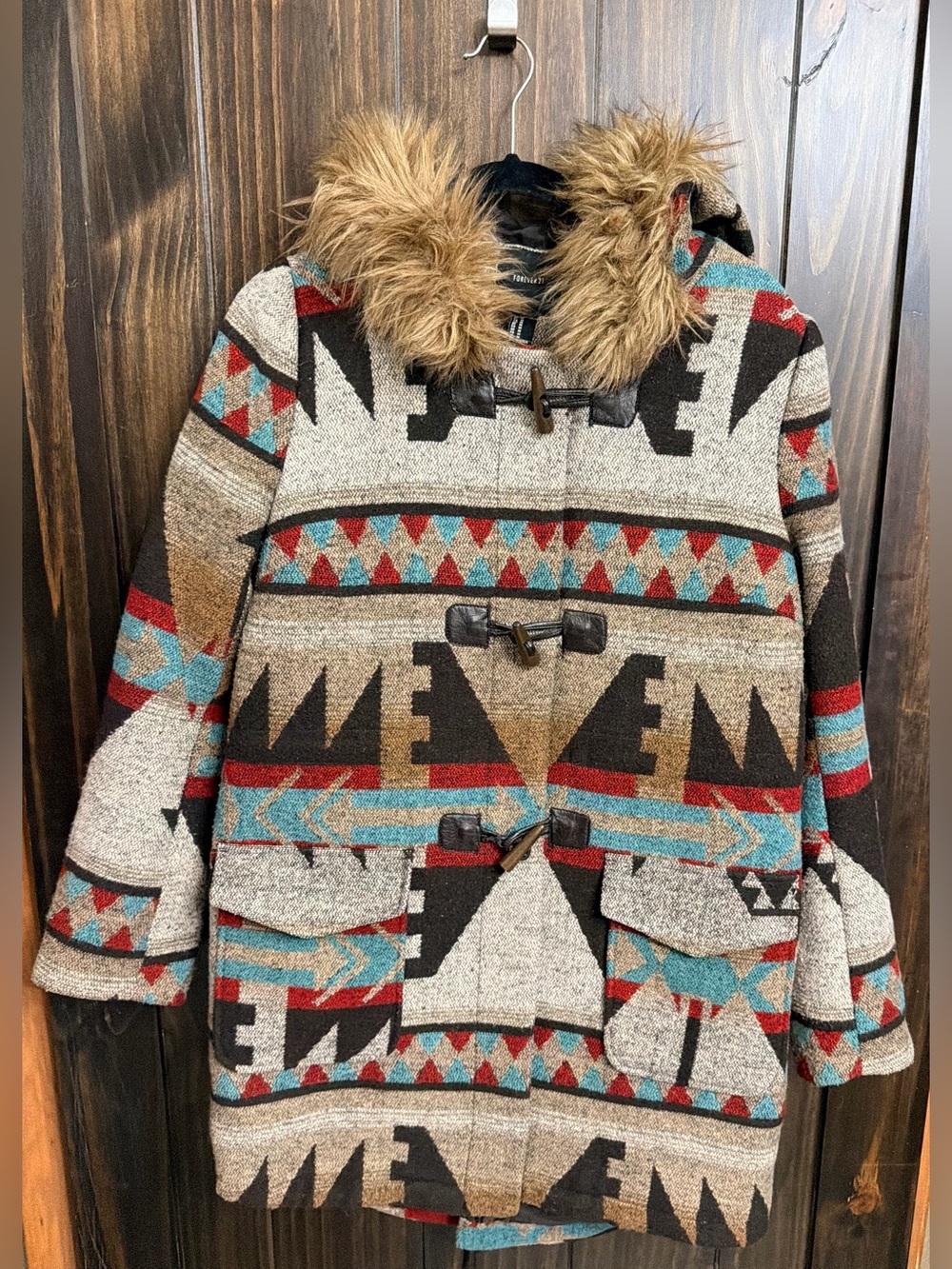 Aztec Wool blend Toggle Jacket with Faux Fur hood. Size: Medium - Picture 4 of 9